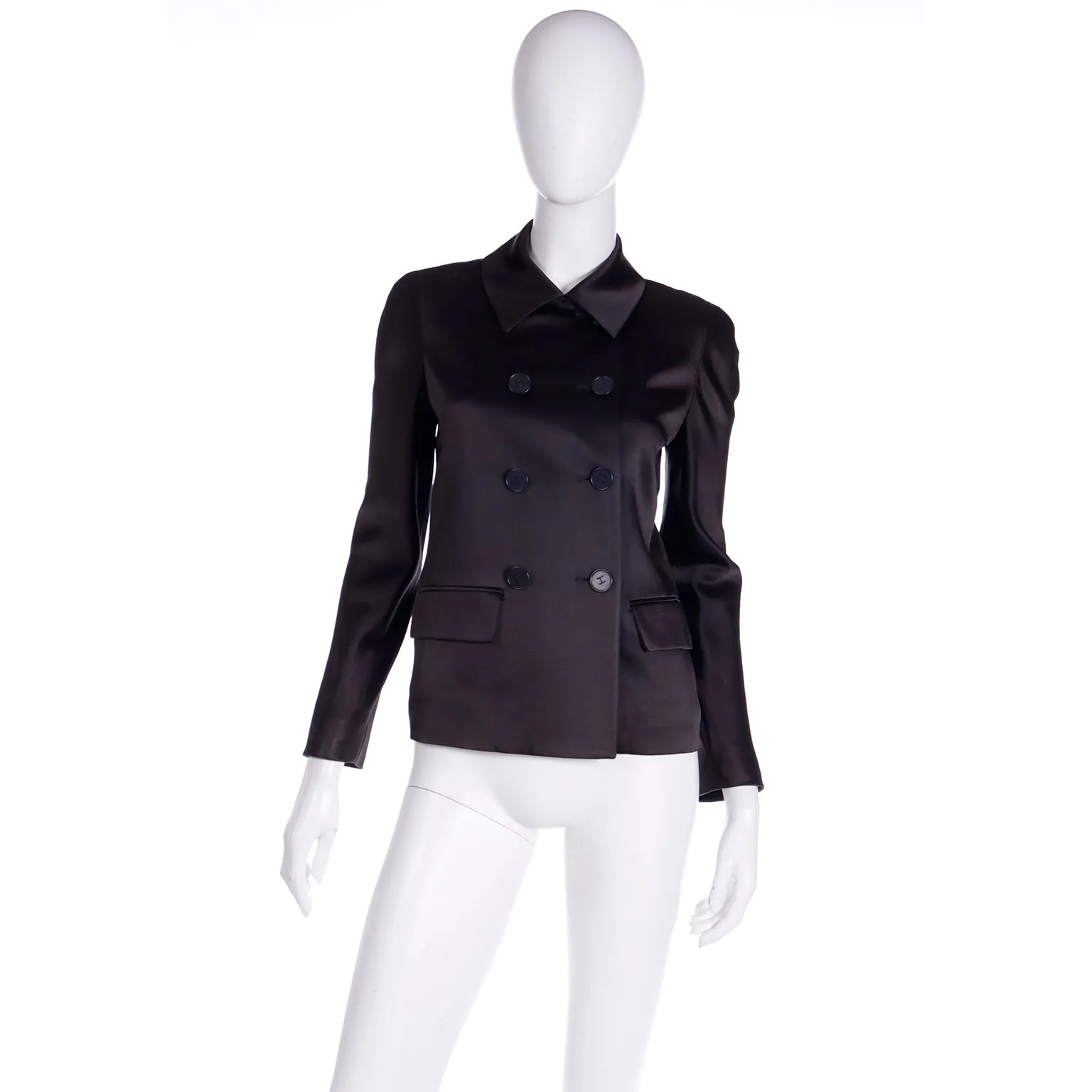 1990s Isaac Mizrahi Black Double Breasted Satin Jacket