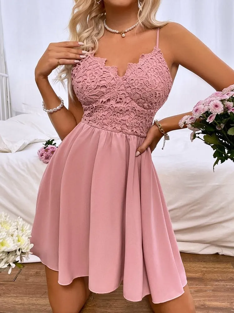2022 Spring Summer New High Waist Lace Pink Chic Dress