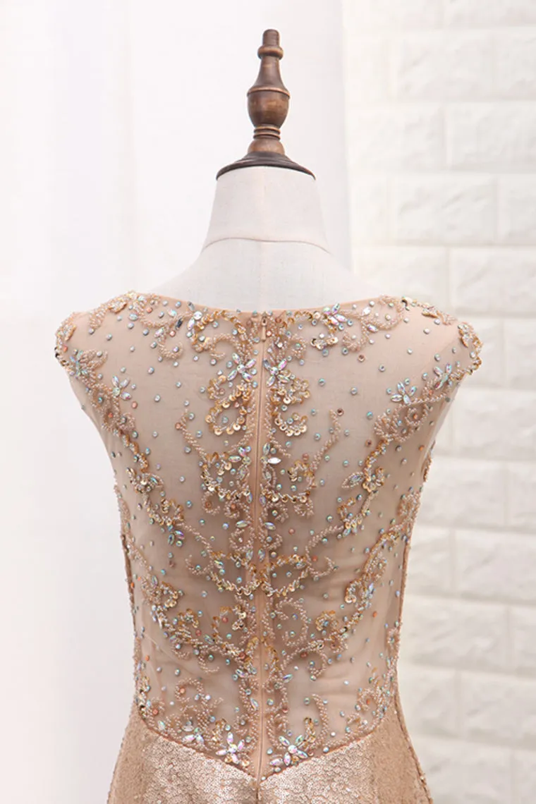 2024 Sequins Prom Dresses Scoop Mermaid With Beads Sweep Train