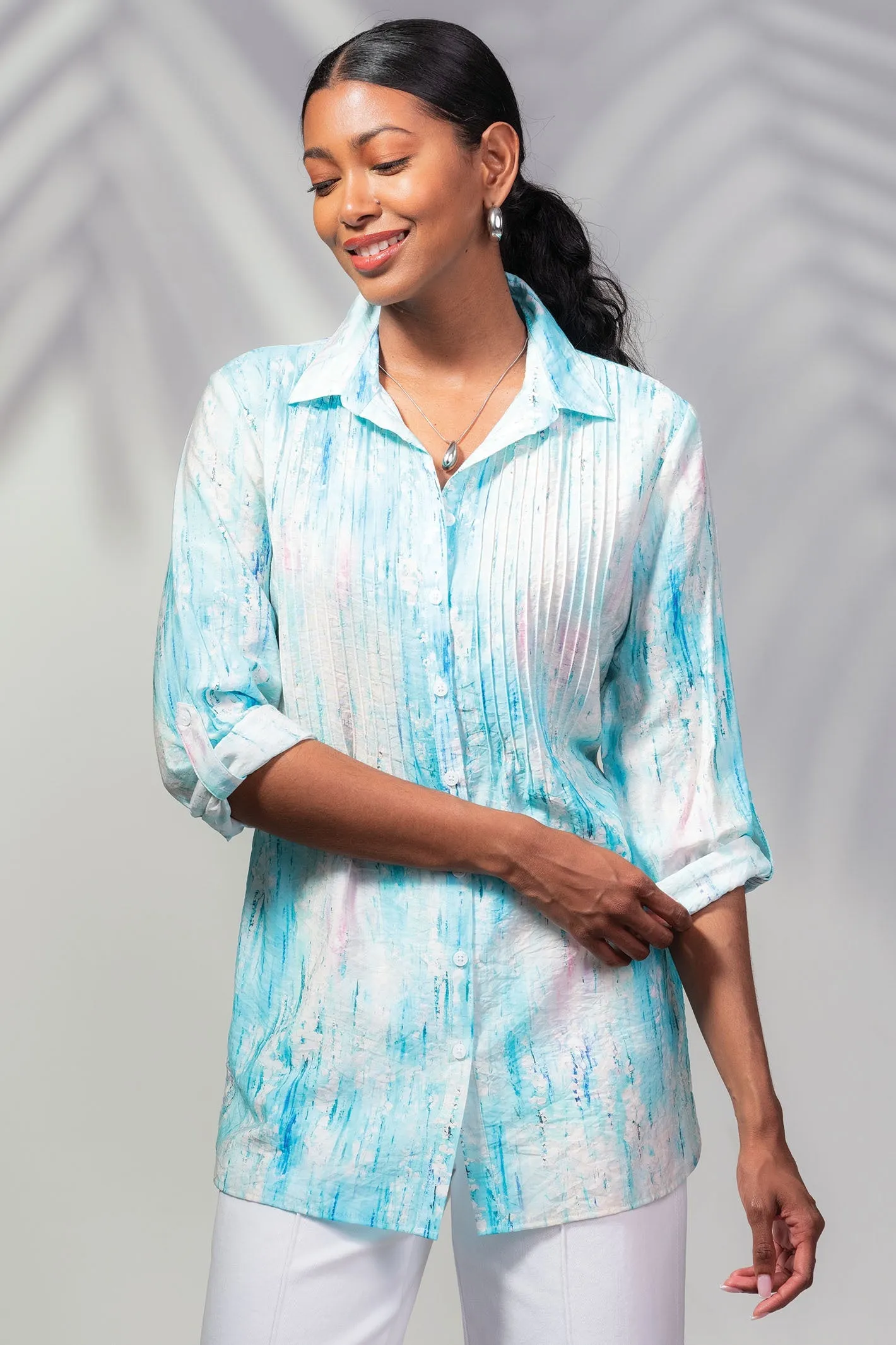 Alison Sheri A45445 Blue Multicolour Pintuck Front Shirt