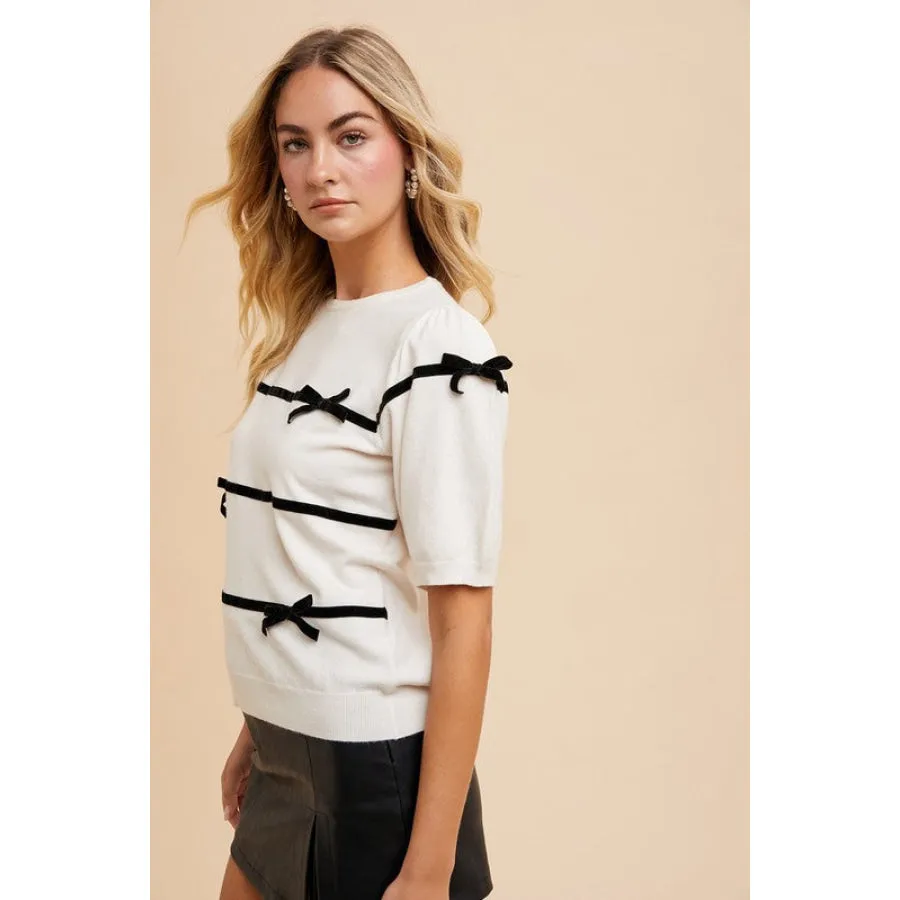 Annie Wear Striped Bow Round Neck Knit Top