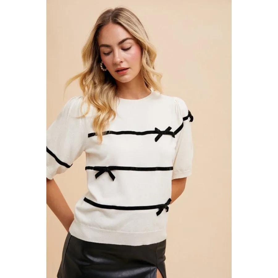 Annie Wear Striped Bow Round Neck Knit Top