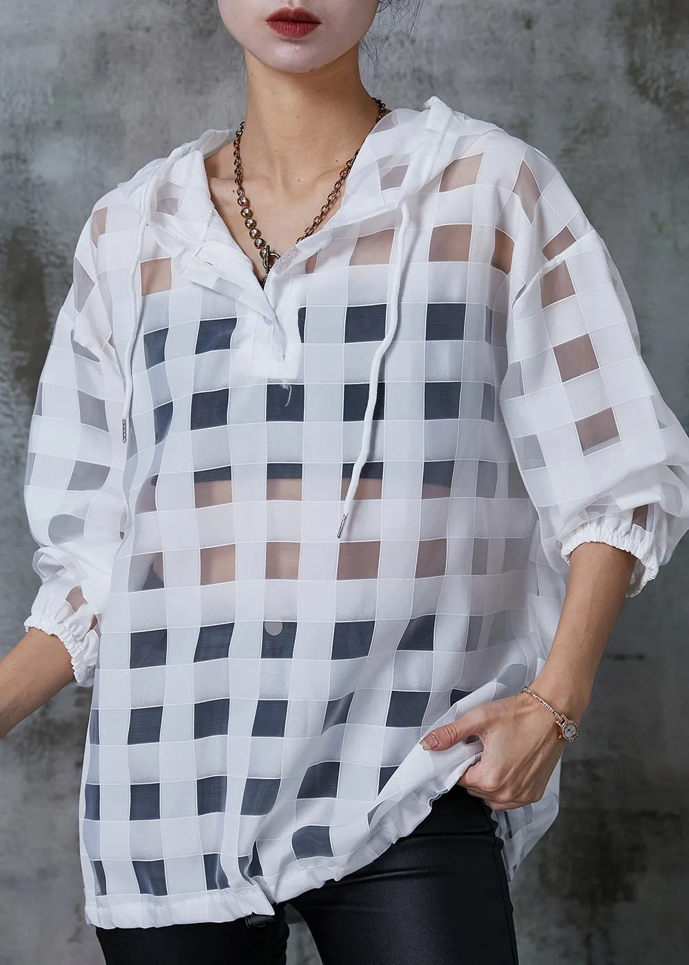 Art White Hooded Hollow Out Tulle UPF 50  Sweatshirts Top Summer