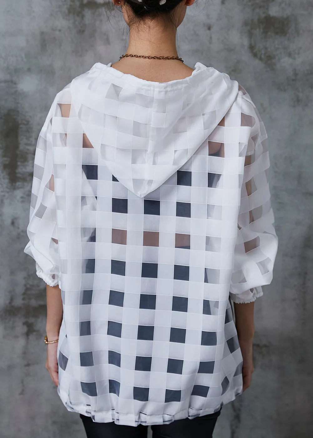 Art White Hooded Hollow Out Tulle UPF 50  Sweatshirts Top Summer