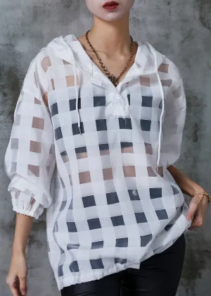 Art White Hooded Hollow Out Tulle UPF 50  Sweatshirts Top Summer
