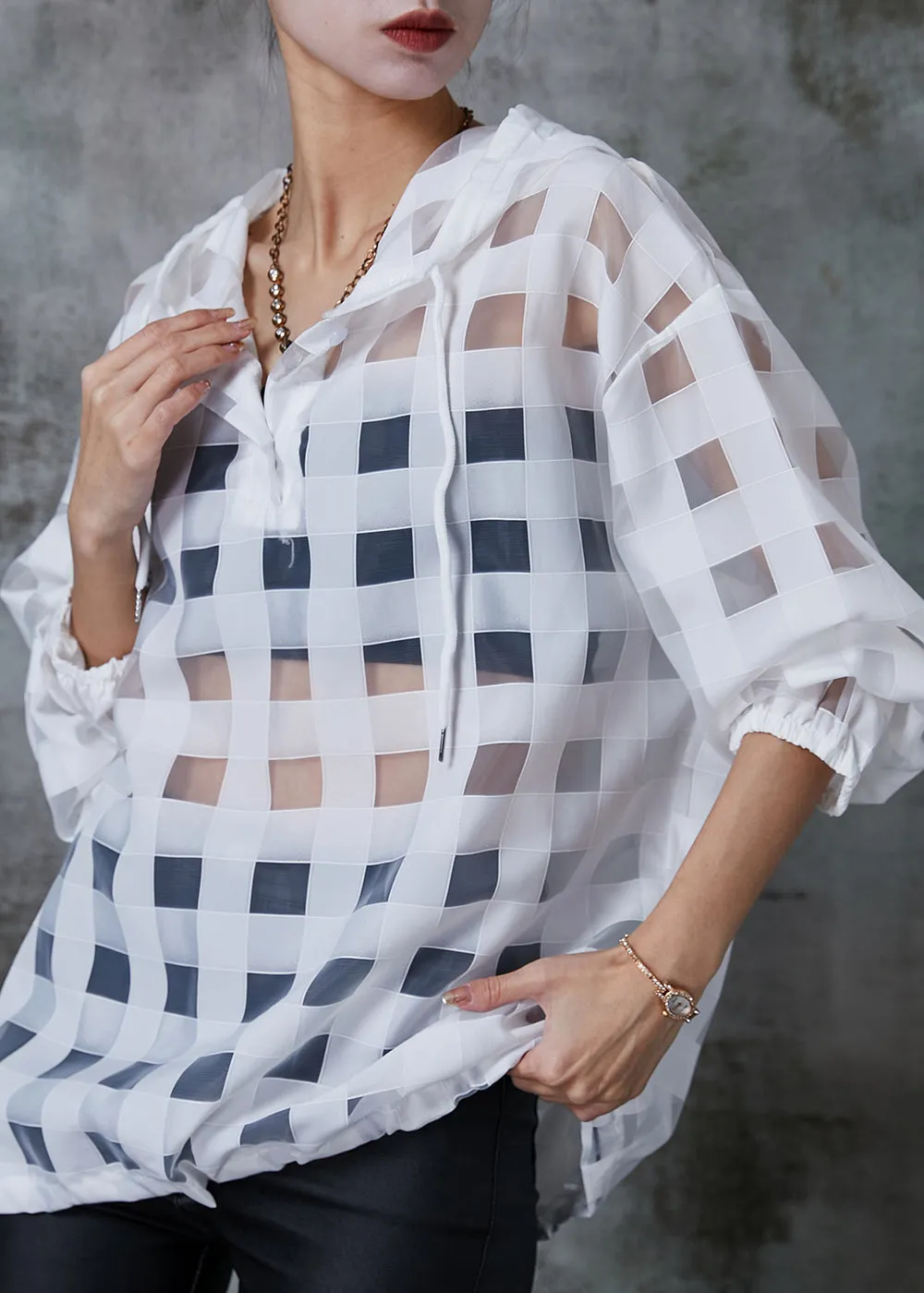 Art White Hooded Hollow Out Tulle UPF 50  Sweatshirts Top Summer
