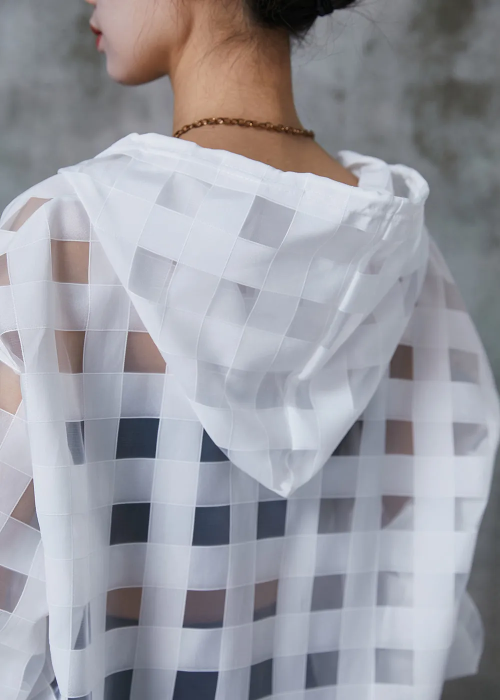 Art White Hooded Hollow Out Tulle UPF 50  Sweatshirts Top Summer