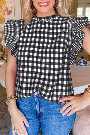 Black Checkered Ruffled Trim Frilled Neck Tank Top