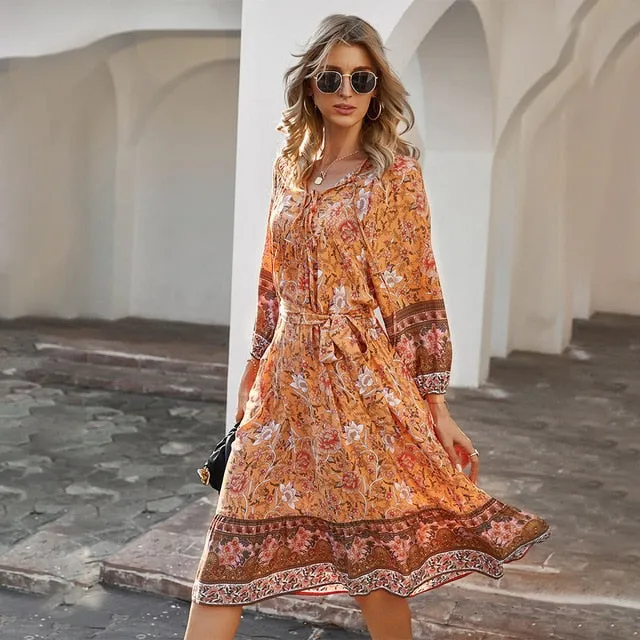 Boho Chic Floral Print Long Sleeve Dress
