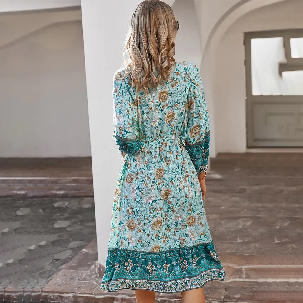 Boho Chic Floral Print Long Sleeve Dress