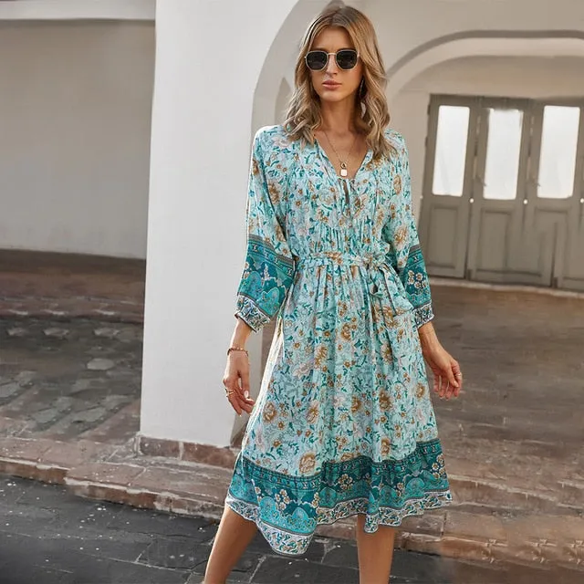 Boho Chic Floral Print Long Sleeve Dress