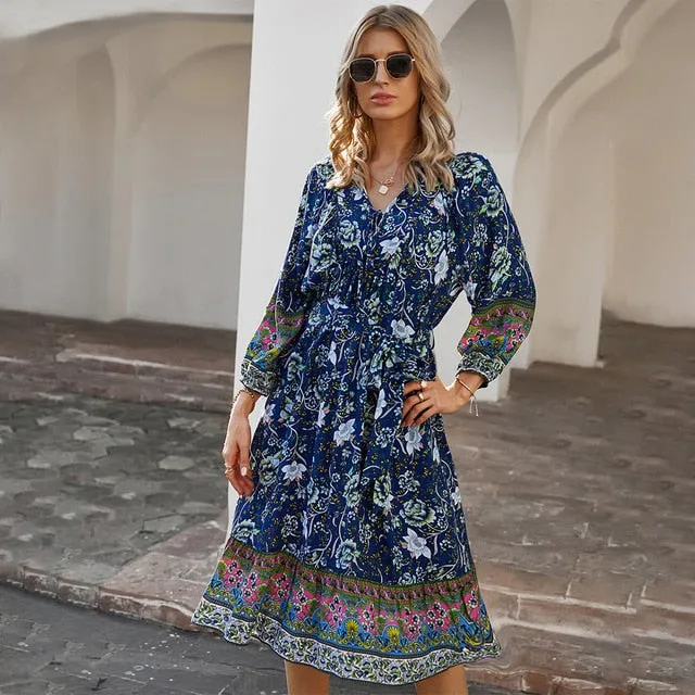 Boho Chic Floral Print Long Sleeve Dress
