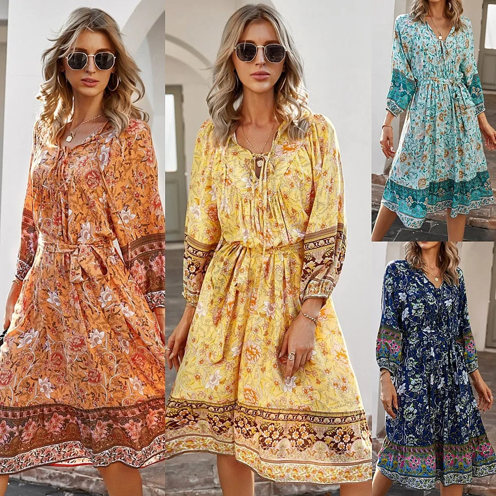 Boho Chic Floral Print Long Sleeve Dress