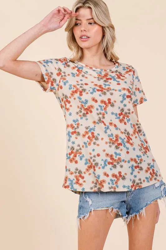 BOMBOM Lightweight Floral Round Neck Short Sleeve T-Shirt