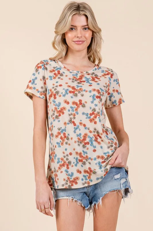 BOMBOM Lightweight Floral Round Neck Short Sleeve T-Shirt