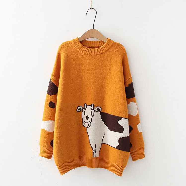Cartoon Cows  Women Sweaters O-neck Pullover Knitted
