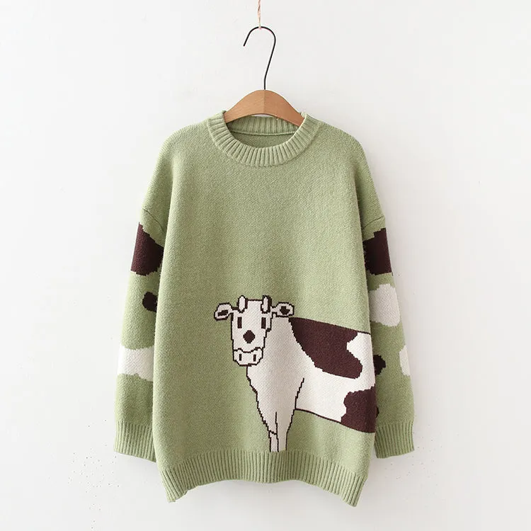 Cartoon Cows  Women Sweaters O-neck Pullover Knitted