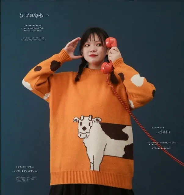 Cartoon Cows  Women Sweaters O-neck Pullover Knitted
