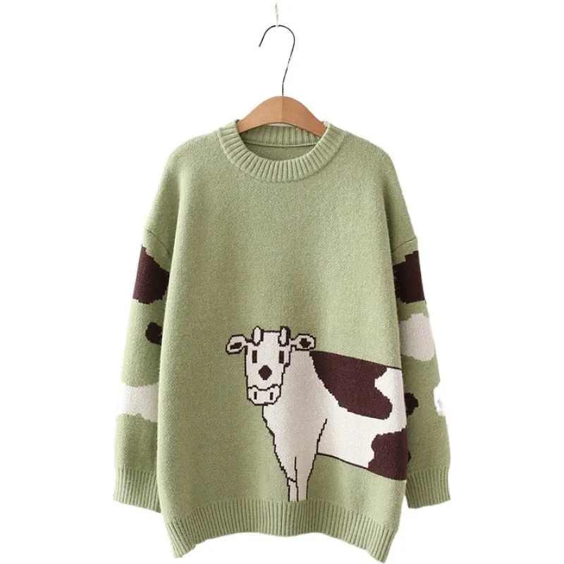 Cartoon Cows  Women Sweaters O-neck Pullover Knitted