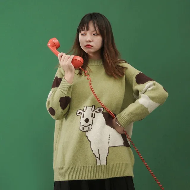 Cartoon Cows  Women Sweaters O-neck Pullover Knitted