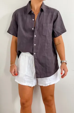 Charcoal French Linen Short Sleeve Shirt