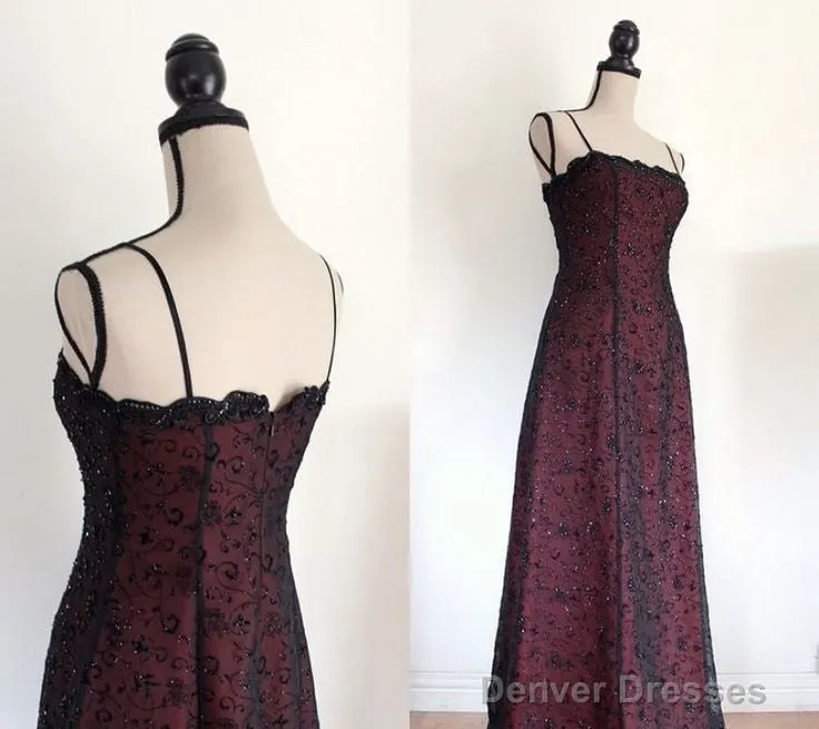 Chic A Line Spaghetti Straps Burgundy Tulle Evening Dress Long Prom Dresses