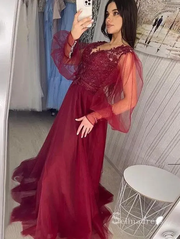 Chic A-line V neck Long Sleeve Burgundy Long Prom Dresses Cheap Evening Dresses MLH1223