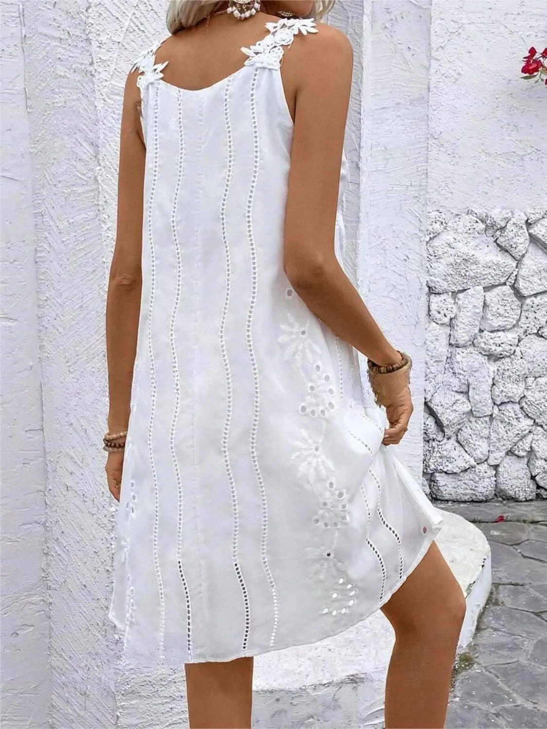 Chic Innocence Lace Detail Sleeveless Eyelet Dress