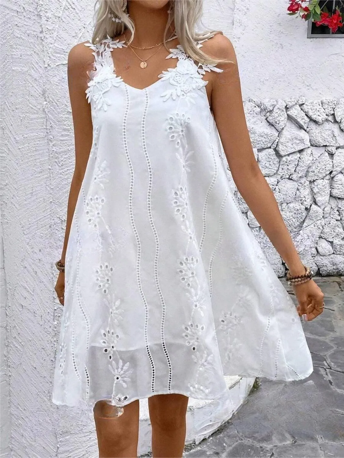 Chic Innocence Lace Detail Sleeveless Eyelet Dress