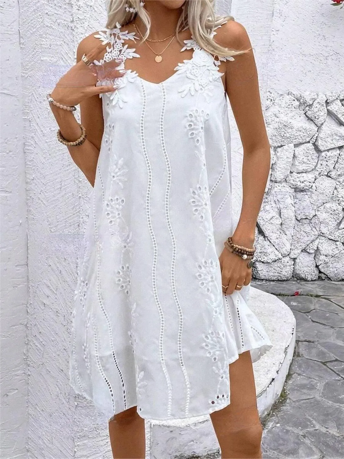 Chic Innocence Lace Detail Sleeveless Eyelet Dress