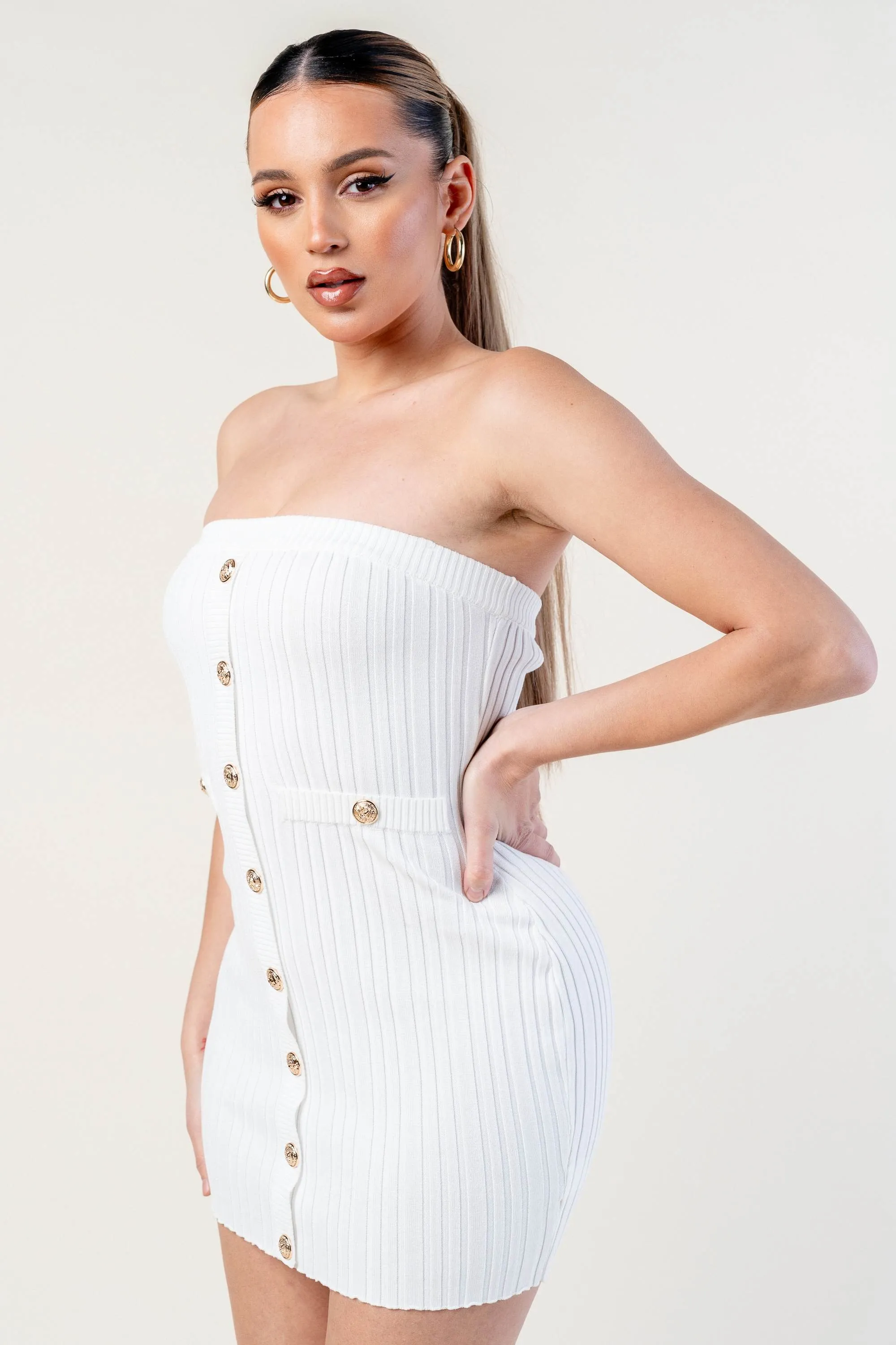 CHIC SWEATER RIB GOLD BUTTON DOWN TUBE MINI DRESS