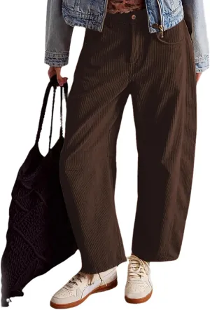 Corduroys Harem Pants for Women Vintage Elastic Waist Mid Rise Pants Loose Fit Cropped Baggy Trousers with Pockets
