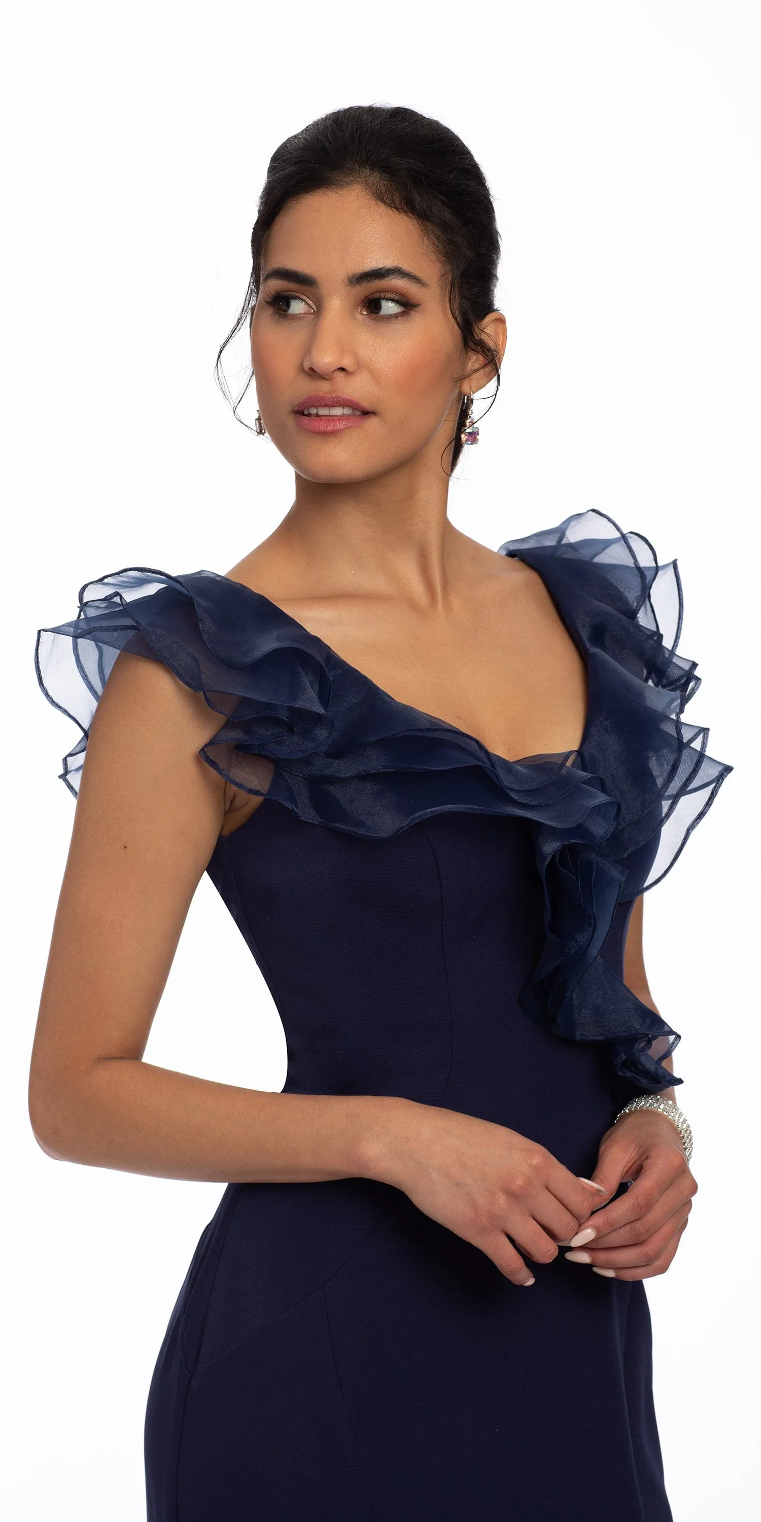 Crepe V Neck Organza Ruffle Mermaid Dress