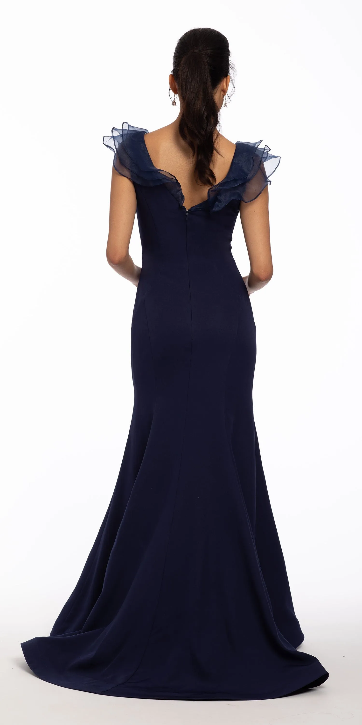 Crepe V Neck Organza Ruffle Mermaid Dress