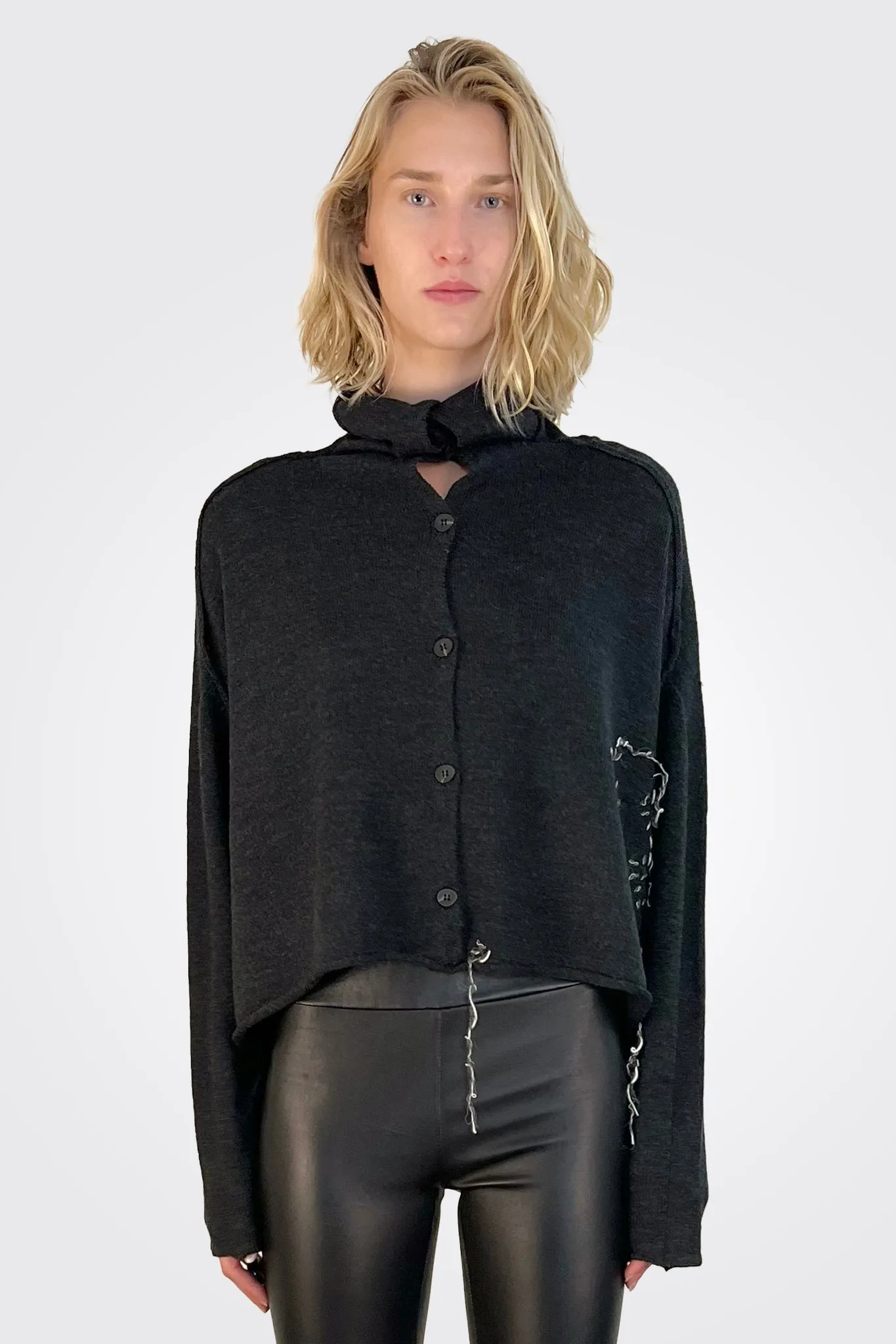 Cropped Stitched Cardigan - Dark Charcoal