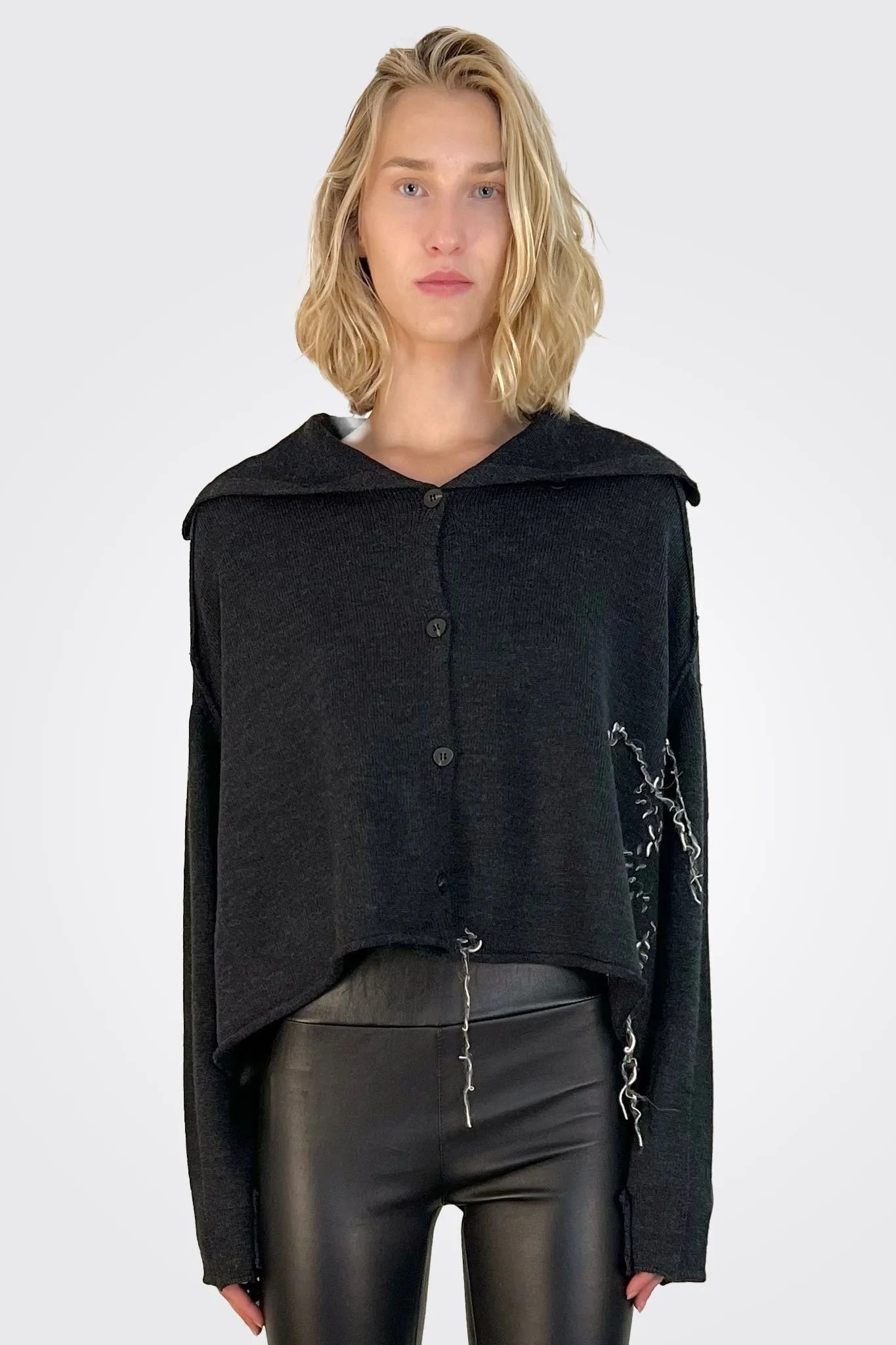 Cropped Stitched Cardigan - Dark Charcoal