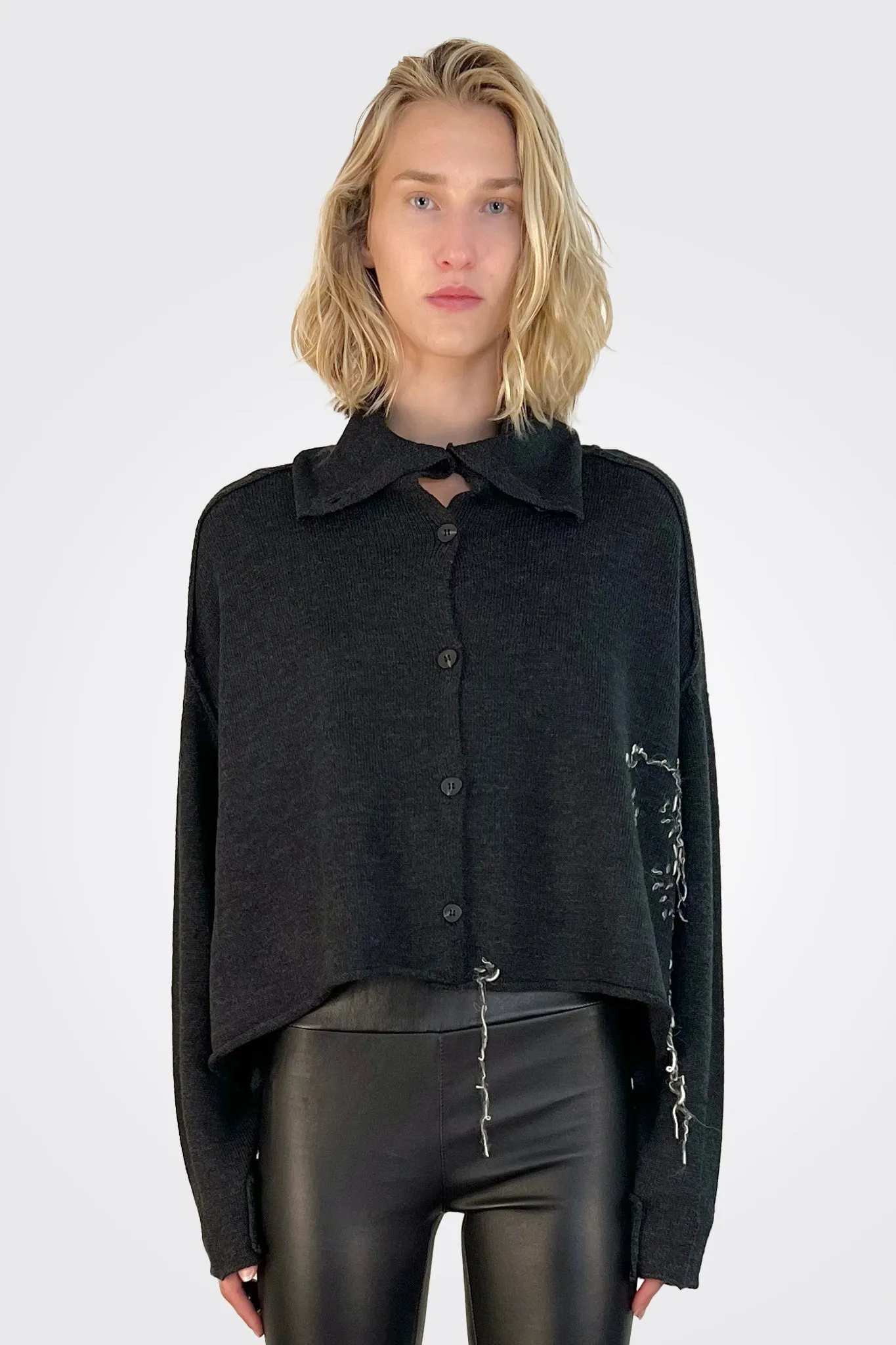 Cropped Stitched Cardigan - Dark Charcoal