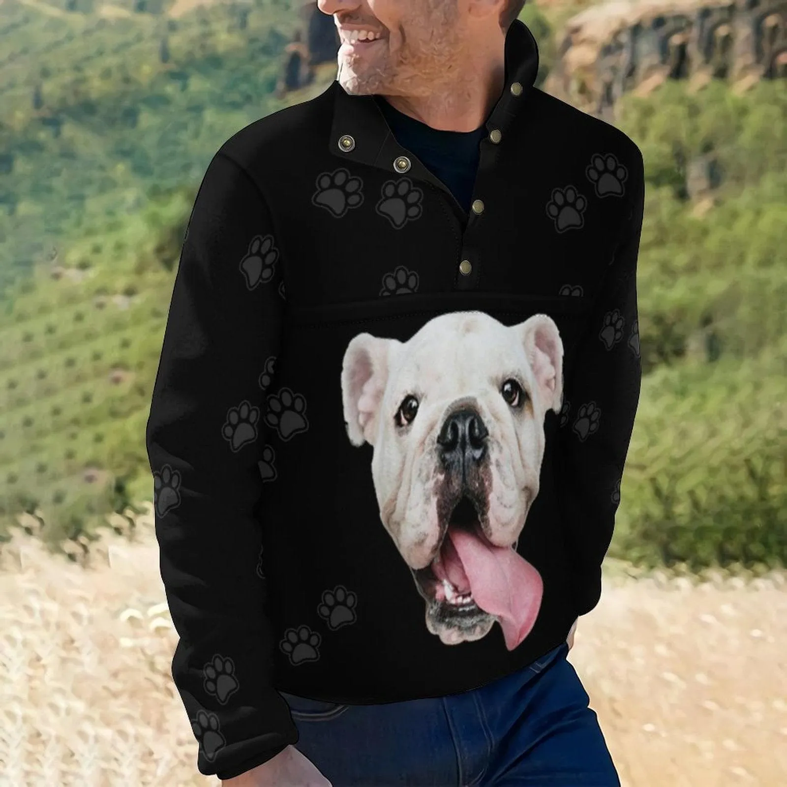 Custom Face Pet Dog Paw Print Loose Sweatshirts Personalized Men's Stand Collar Sweatshirts