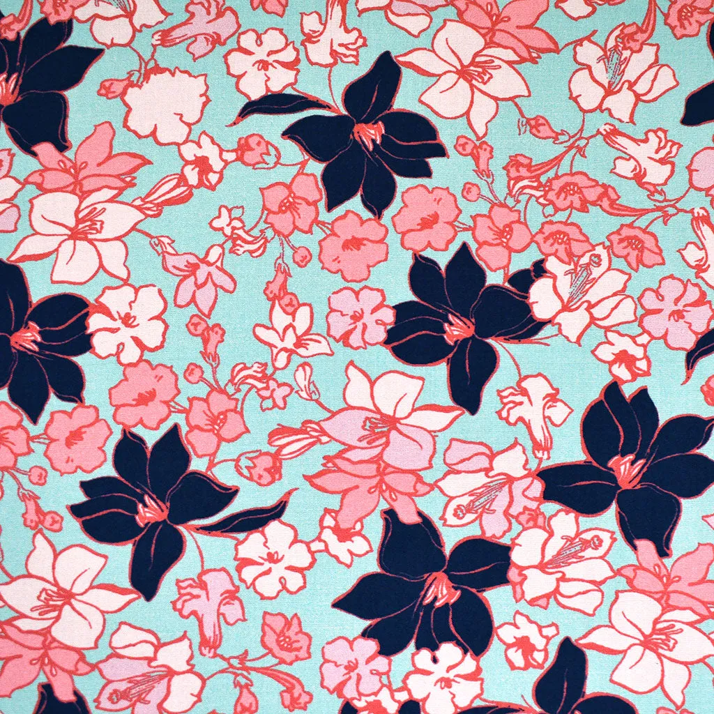 Designer Floral Branches Rayon Challis Aqua/Coral