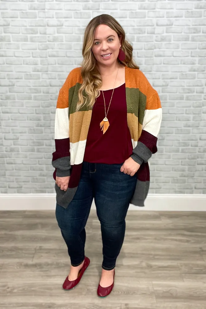 Fall Breeze Wide Stripe Sweater Knit Cardigan with pockets