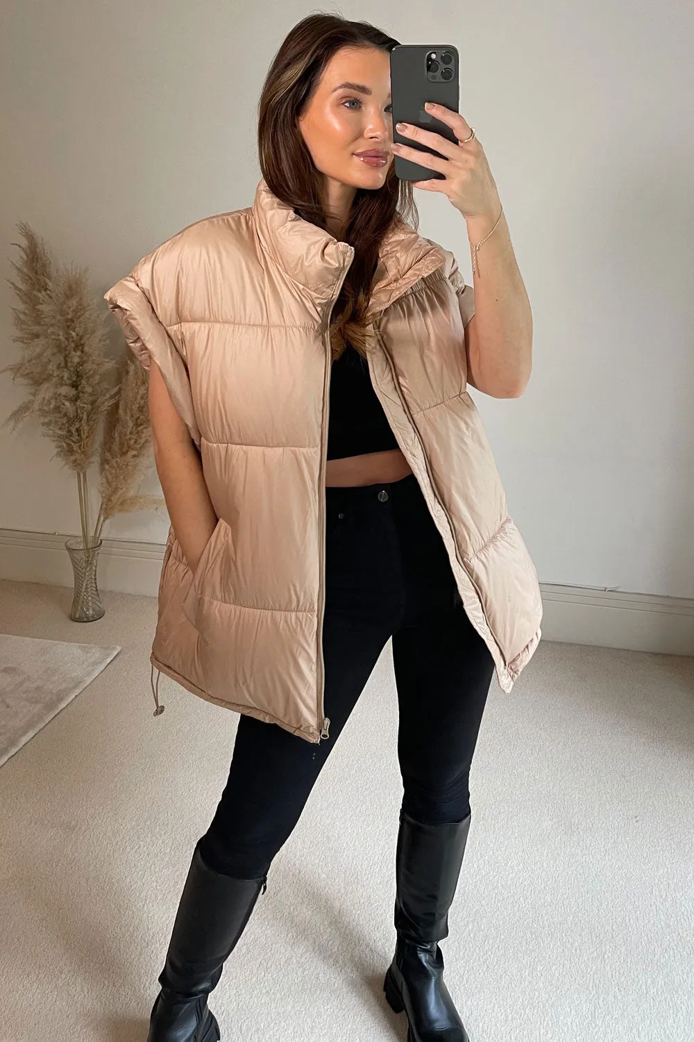 Flossie Beige Belted Longline Puffer Gilet