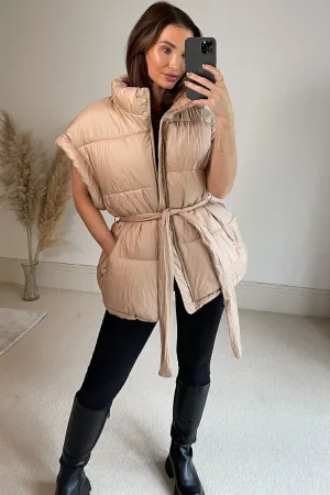 Flossie Beige Belted Longline Puffer Gilet