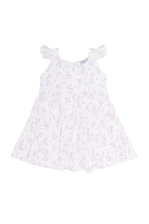 Girls Pink Bunny Toile Pima Cotton Ruffle Dress