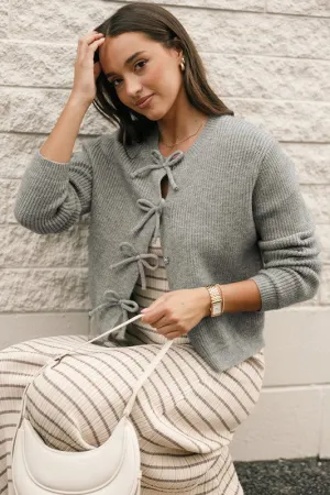 Gray Ribbed Knit Bow Front Buttoned Cardigan