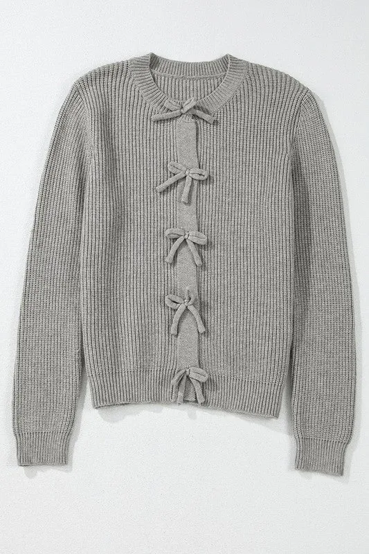Gray Ribbed Knit Bow Front Buttoned Cardigan