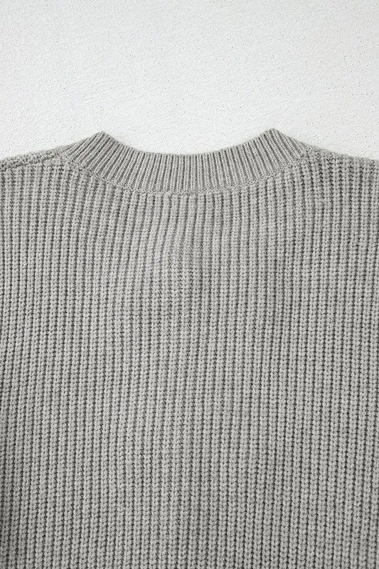 Gray Ribbed Knit Bow Front Buttoned Cardigan