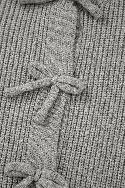 Gray Ribbed Knit Bow Front Buttoned Cardigan