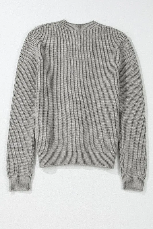Gray Ribbed Knit Bow Front Buttoned Cardigan
