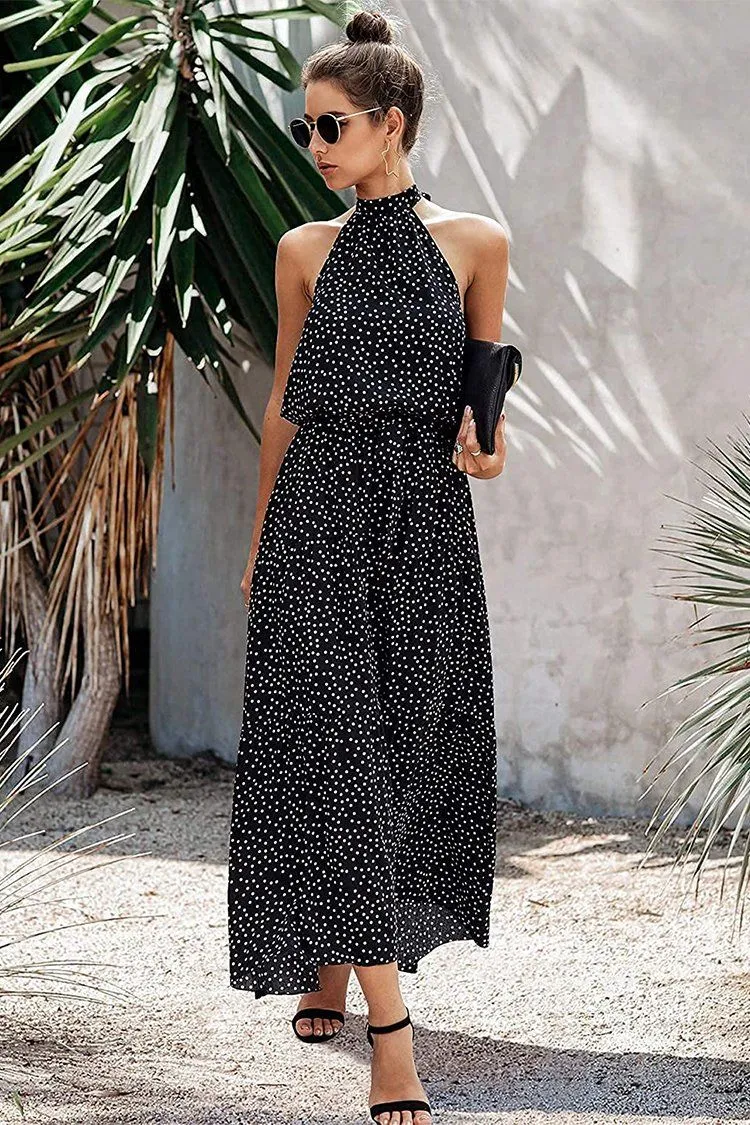 Halter Neck Floral Backless Loose Ruffle Maxi Dresses
