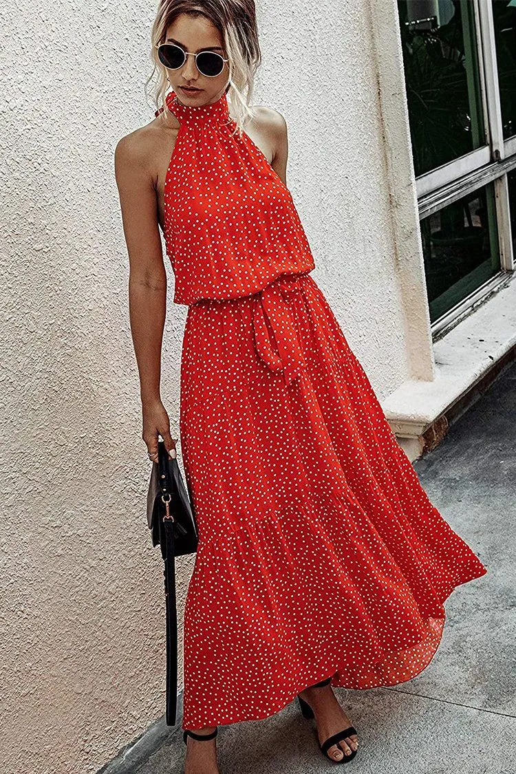 Halter Neck Floral Backless Loose Ruffle Maxi Dresses